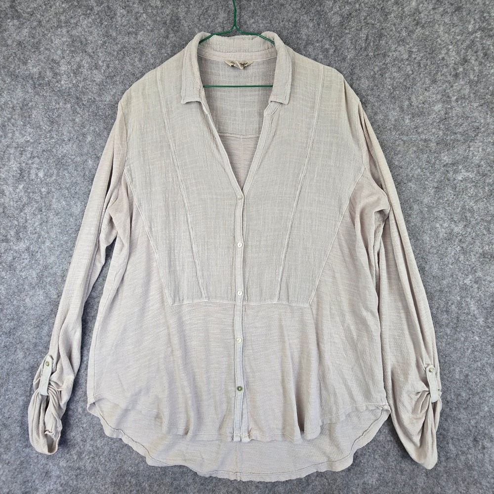 Lucky Brand Shirt Womens Large Oatmeal Relaxed Boho Roll Tab Sleeve Button Down
